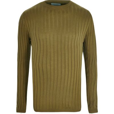 Khaki green ribbed muscle fit jumper